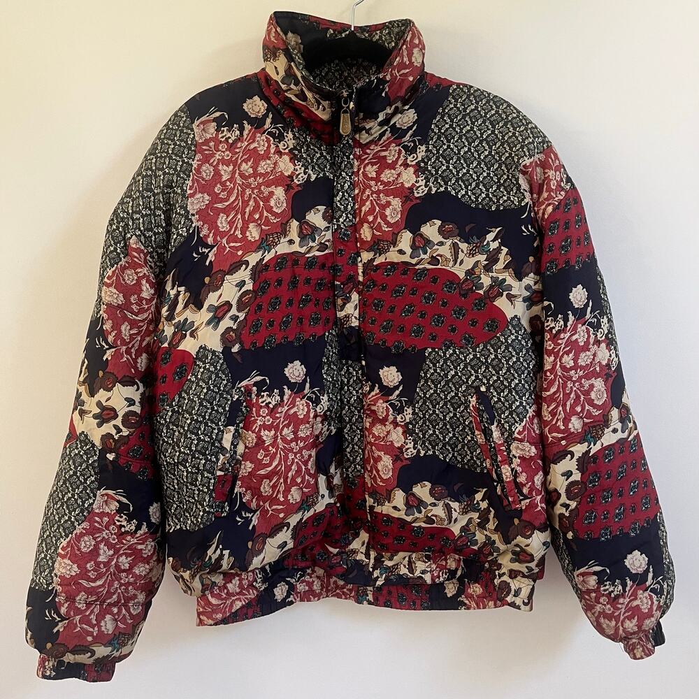 VTG Fuda International Silk Puffer Jacket Patchwork Floral Paisley Bomber 90s L